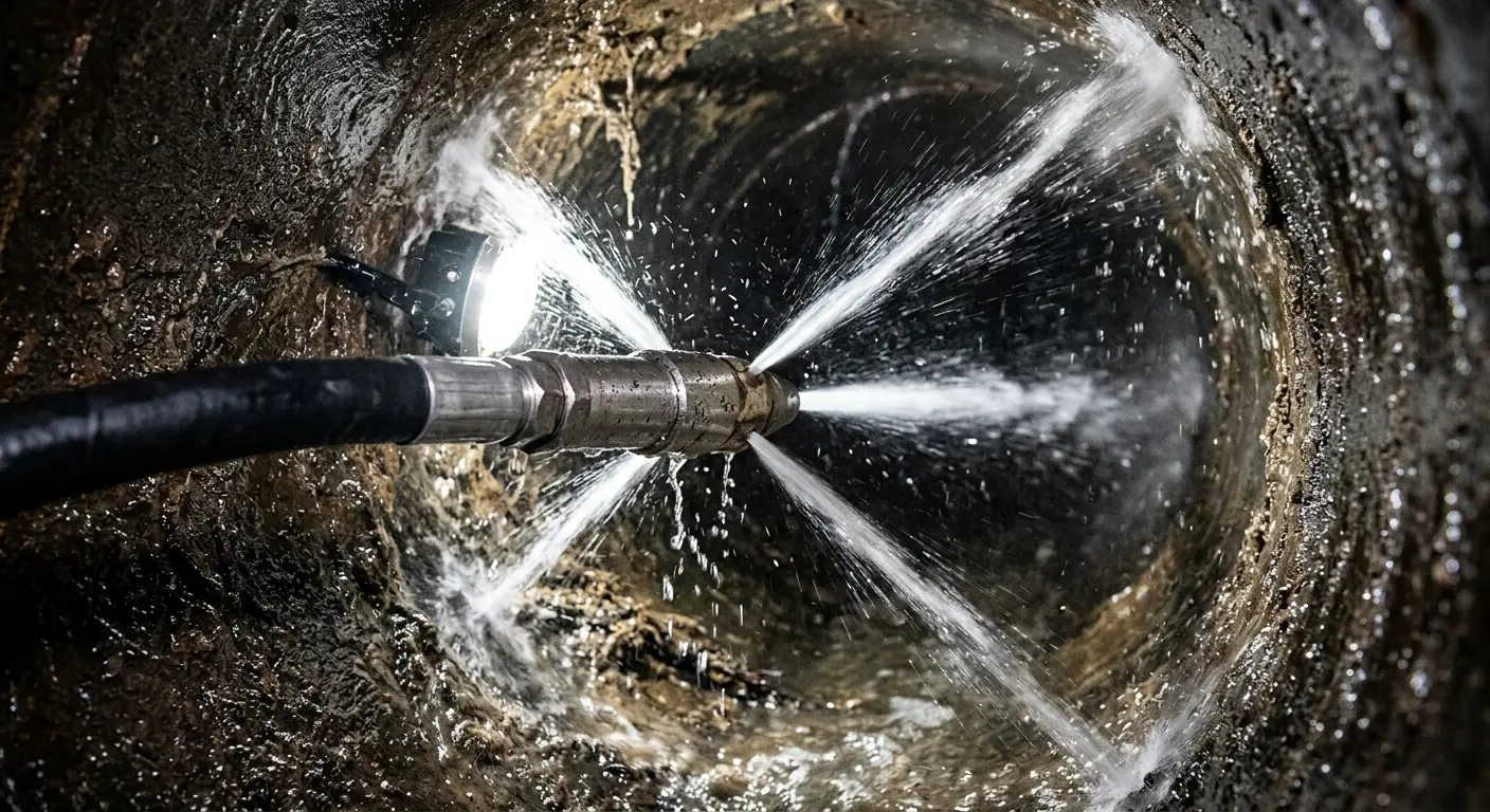High-pressure hydro jetting nozzle cleaning sewer pipe for Sewer Line Relining in Oakdale