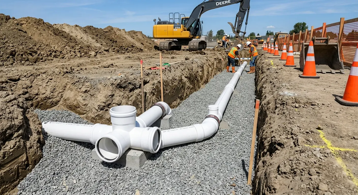 New PVC sewer pipe installation in open trench for Grease Trap Cleaning in Oakdale