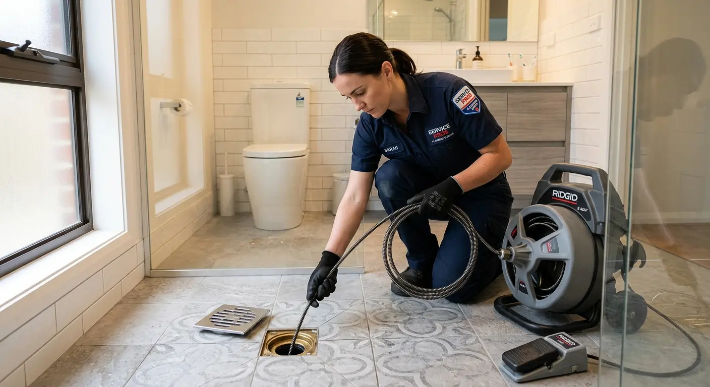 Technician clearing a bathroom floor drain for Clogged Drain Repair in Oakdale